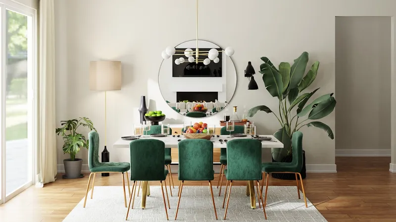 Gemütliches, helles Esszimmer mit großem Holztisch und Leinenstuhlbezügen